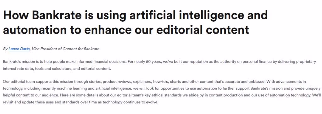 Bankrate example of using AI for content with editorial oversight.