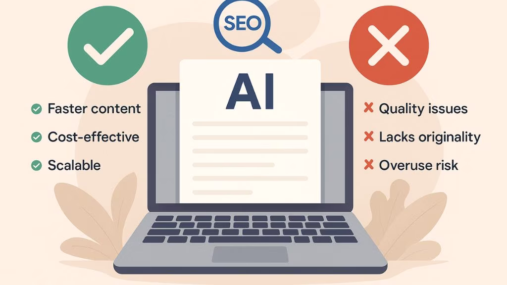Pros and cons of AI content for SEO with benefits and risks compared.