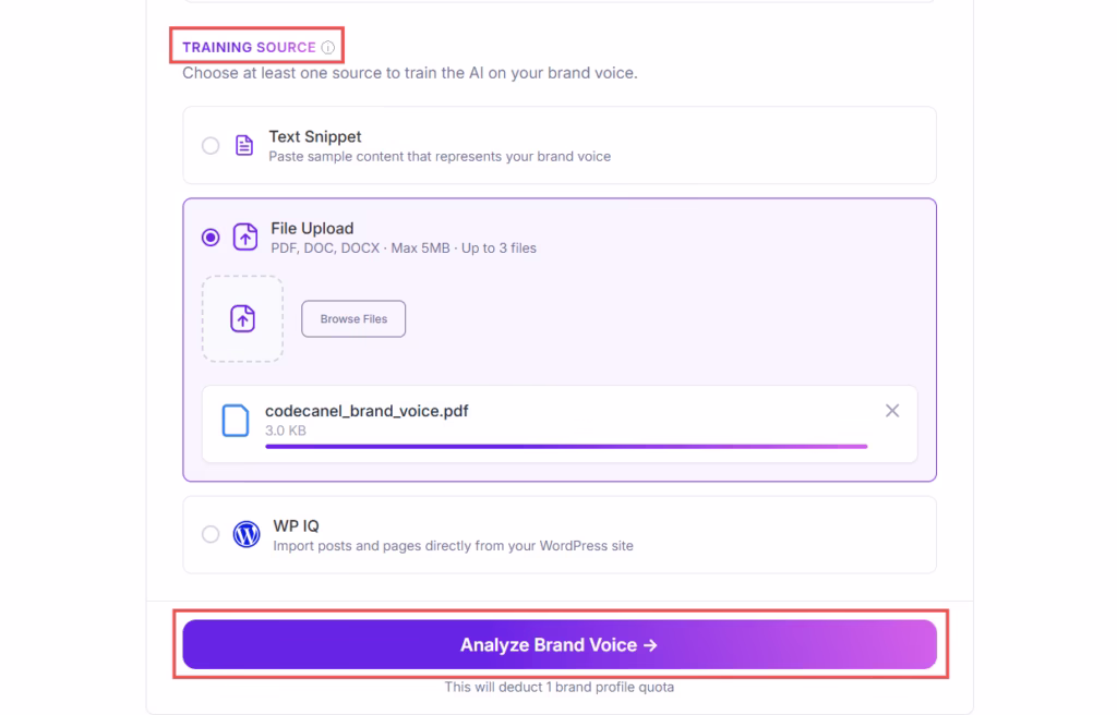 brand voice training file uploading
