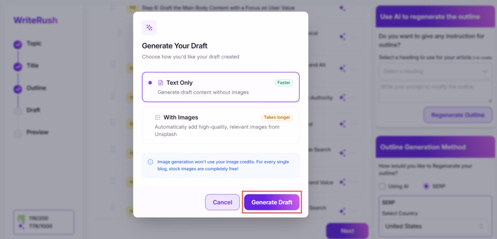 generate draft writerush