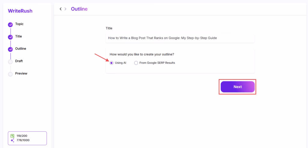 outline creation using ai writerush