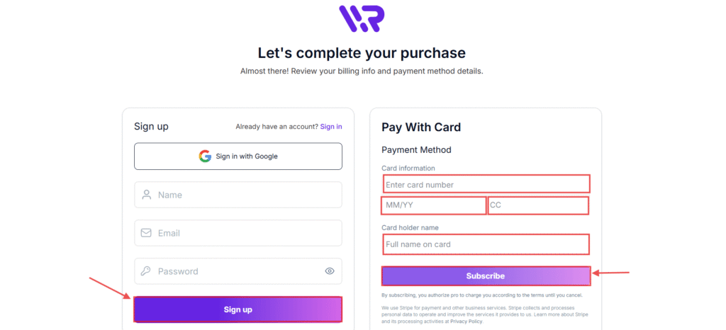 payment process for lifetime plan